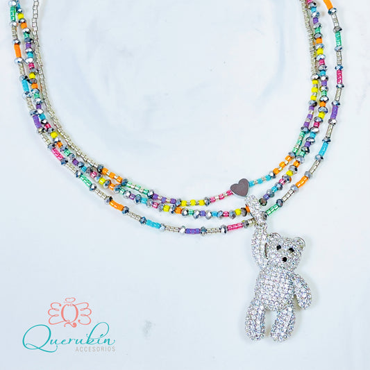 Choker Oso Mano Plateado Colores